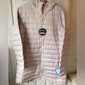 NWT Columbia Lake Sz XXL Long length, Fitted Down Puffer Jacket. Mineral Pink.